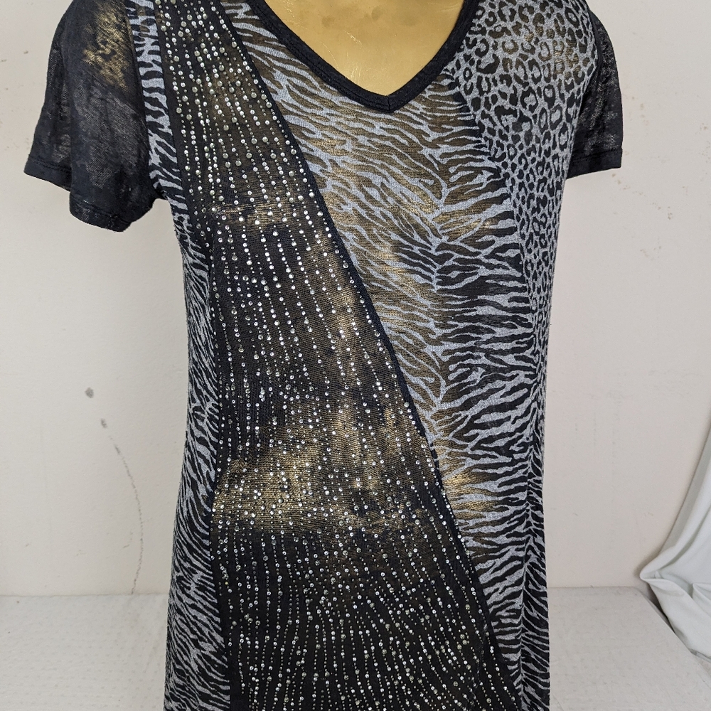 Lady Noiz Sexy Sheer Sparkle Top w/Asymmetrical Hem Large
